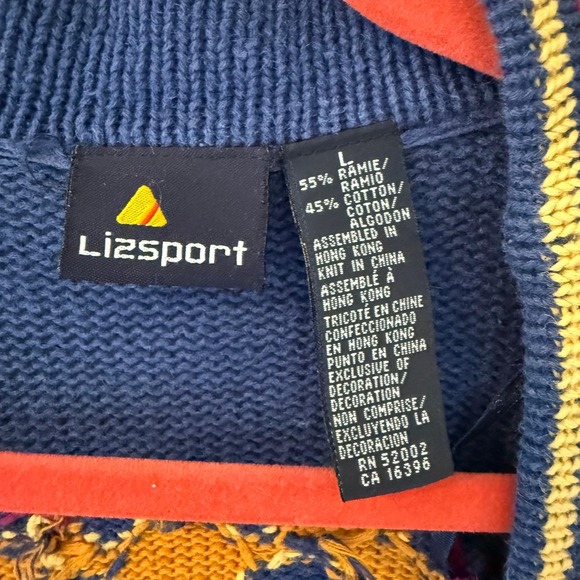 Lizsport Vintage Crest Cardigan Sweater Blue Ramie Cotton Knit Large MCMXCIII - Picture 5 of 8